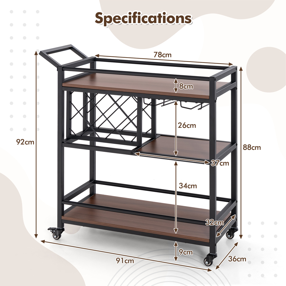 Costway 3 Shelf 8 Bottle Walnut Bar Serving Cart with Wine Racks Image 9