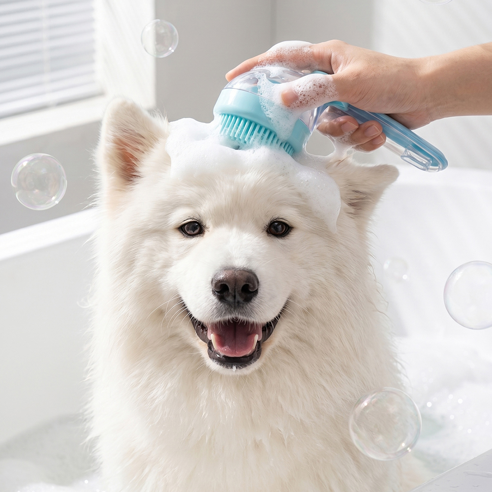H&O Direct Blue Transparent Soft Silicone Pet Bathing Brush with Shampoo Dispenser Image 2