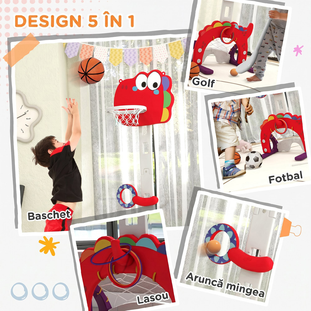 AIYAPLAY 5-in-1 Kids Red Height Adjustable Basketball Set Image 6