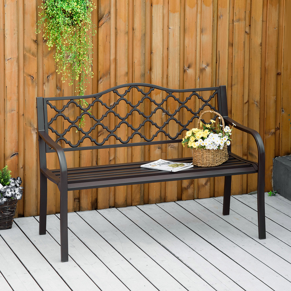 Outsunny 2 Seater Brown Cast Iron Antique Garden Bench with Armrest Image 7