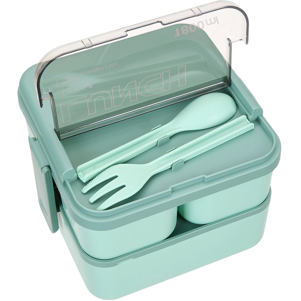 Living and Home 1.8L 2-Tier Green Lunch Box with Cutlery and 3 Top Compartments Image 3