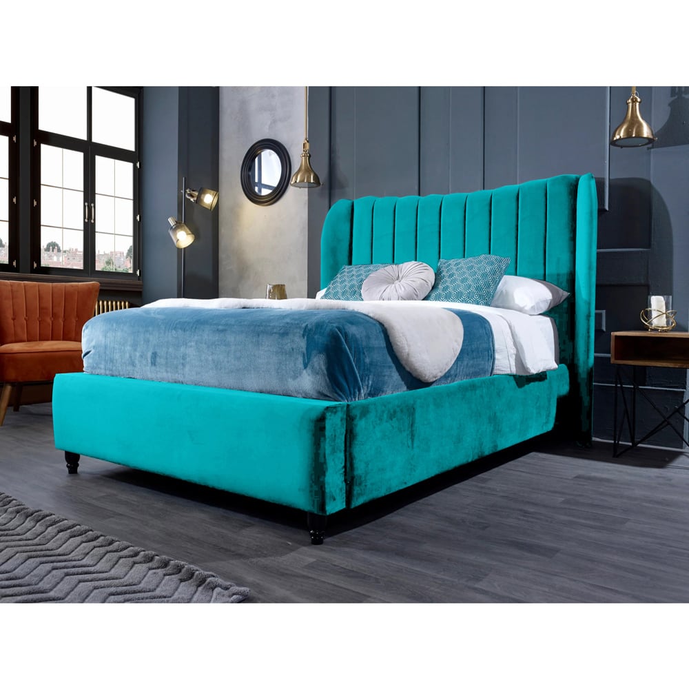 Eleganza Home Carli Super King Size Teal Plush Velvet Bed Frame with Lined Headboard Image 2