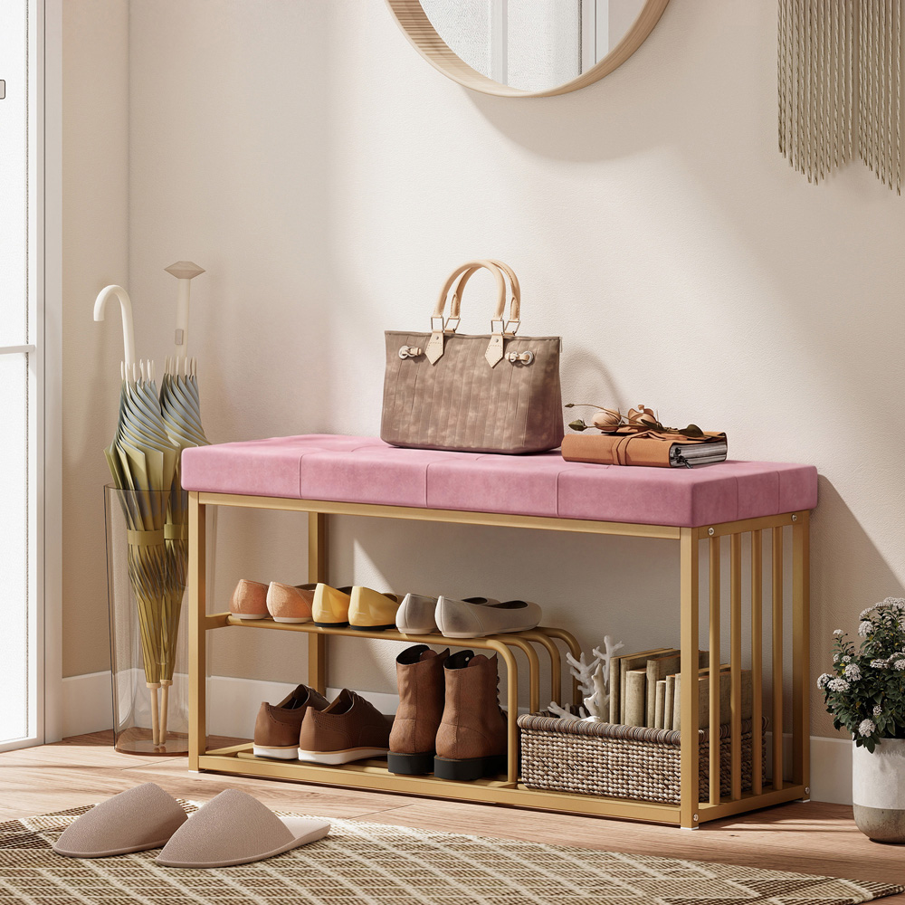 Portland 3 Shelf Pink Shoe Rack Bench with Tufted Cushion Seat Image 2
