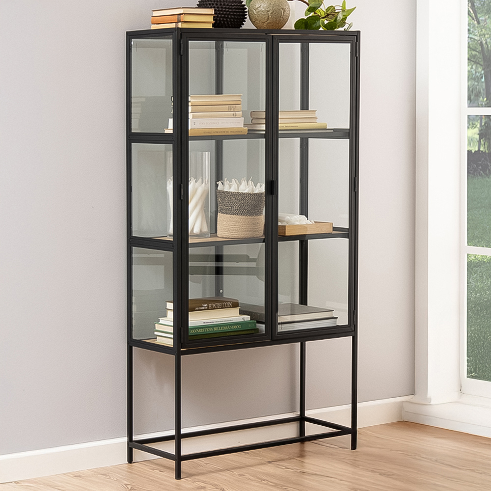 Florence Seaford 2 Glass Door Black and Oak Display Cabinet Image 1