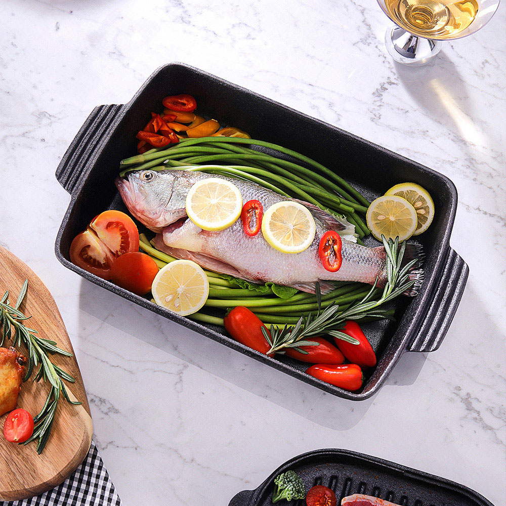 Living and Home Black Rectangular Cast Iron Baking Pan with Dual Non Slip Handles Image 7
