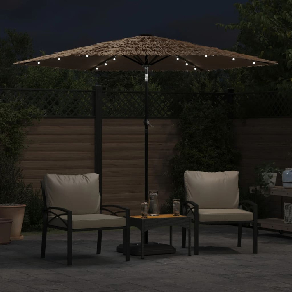 vidaXL Brown LED Light Straw Top Garden Parasol with Steel Pole 2.6m Image 2