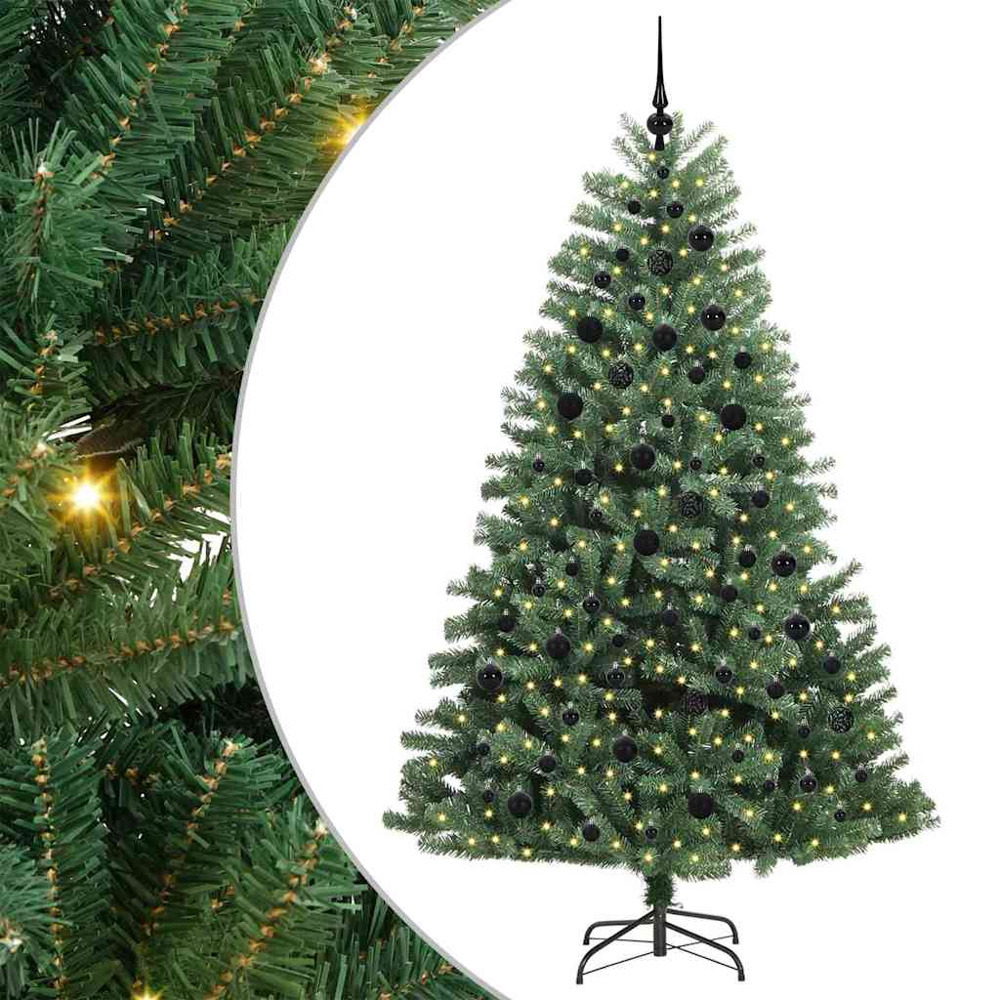 vidaXL Pre-Lit Black Baubles Green Artificial Hinged Christmas Tree 7ft Image 2