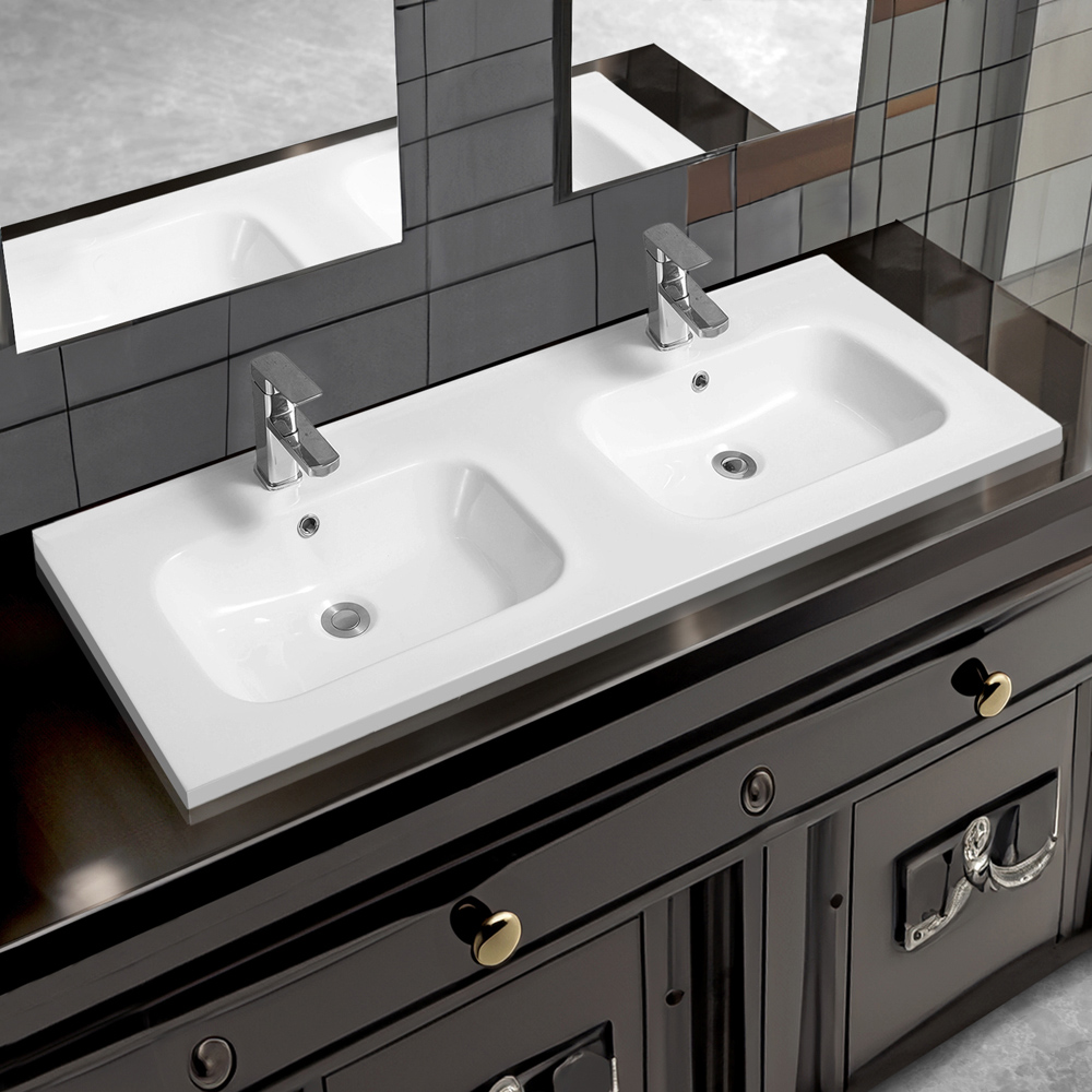 Limoge White Ceramic Mid Edge Double Inset Basin with Oval Bowl 1210mm Image 2