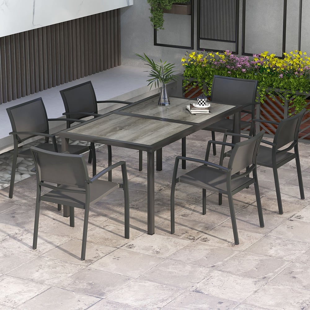 Outsunny 6 Seater Black and Wood Effect Garden Dining Set Image 1