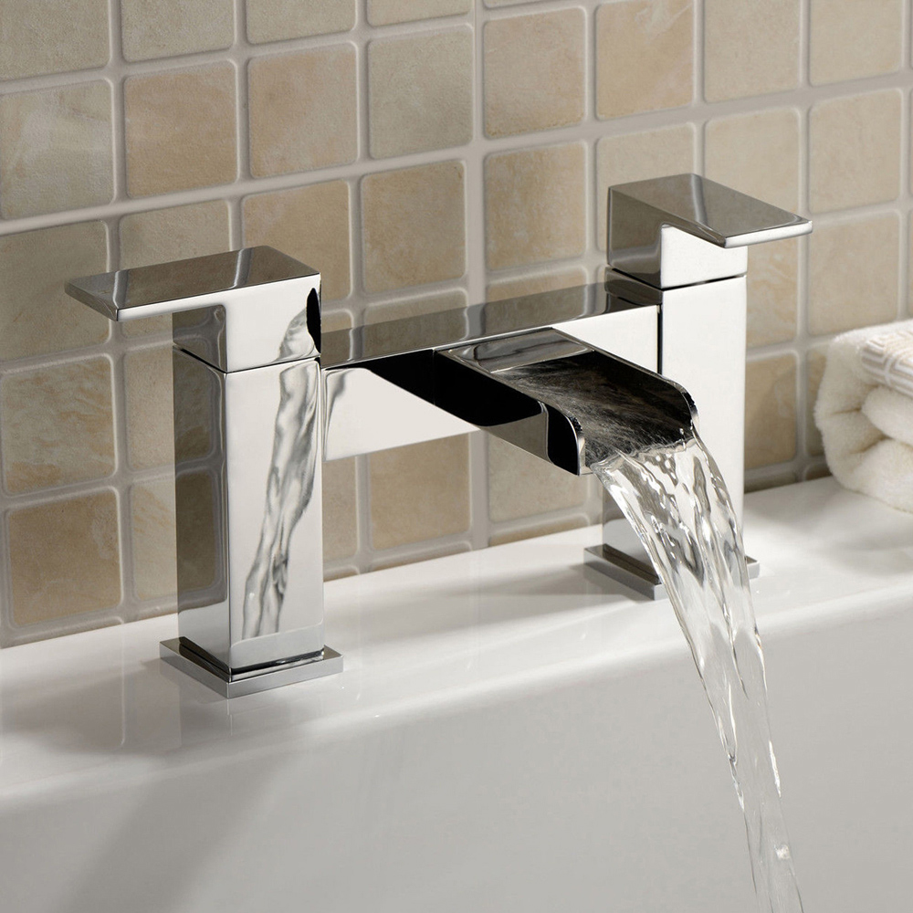 Nes Home Waterfall Dual Lever Deck Mounted Chrome Bath Filler Tap Image 2
