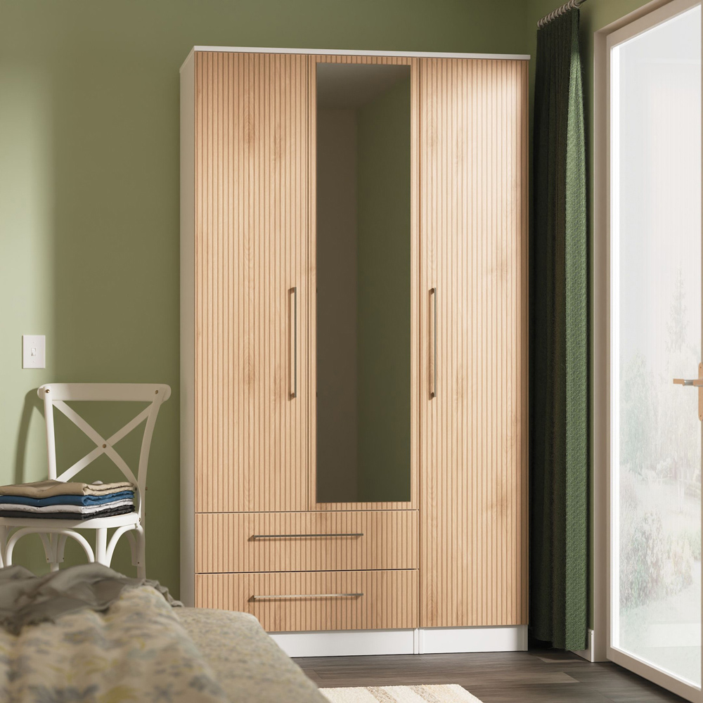 Crowndale Worcester 3 Door 2 Drawer Slatt Effect and White Tall Mirrored Wardrobe Ready Assembled Image 9