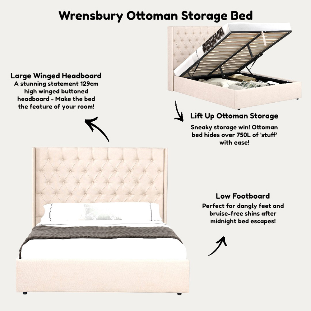OAT Home Wrenbury King Size Natural Lift-Up Ottoman Bed Frame with Buttoned Winged Headboard Image 8