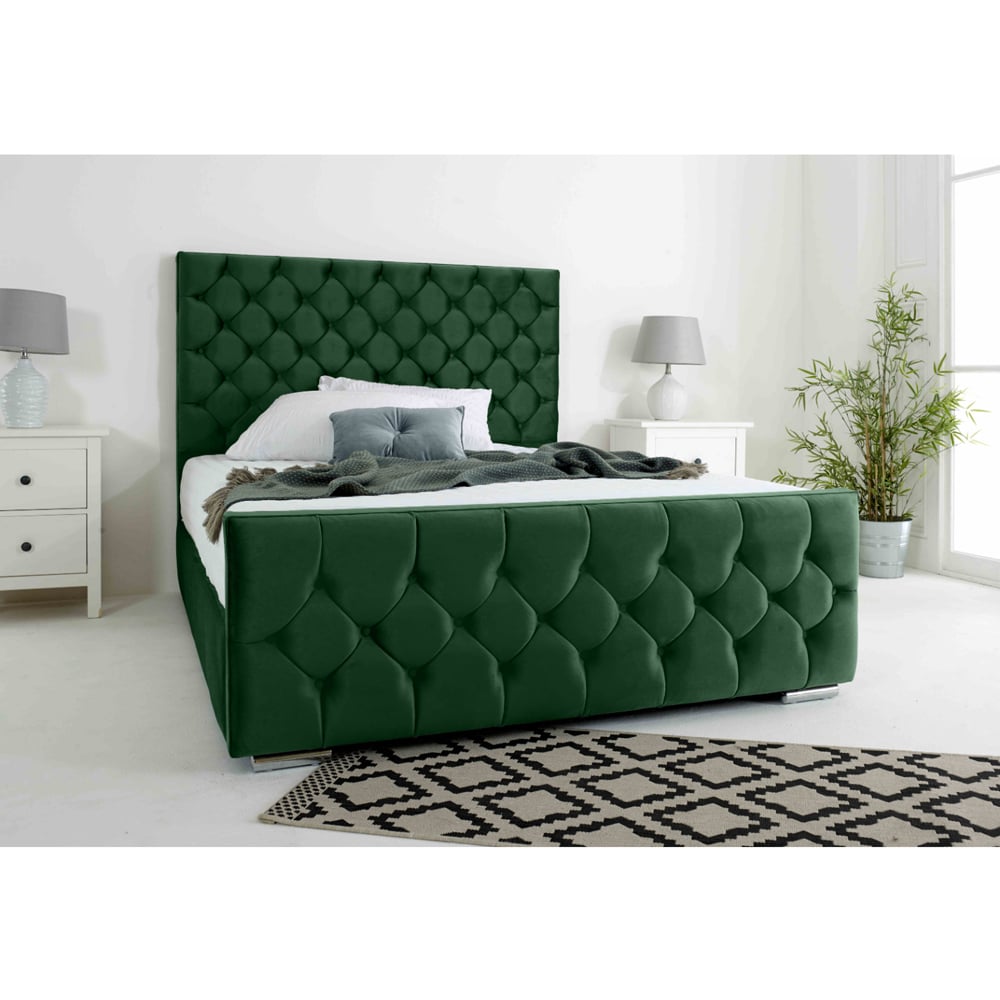 Eleganza Maya Double Green Plush Velvet Bed Frame with Chesterfield Headboard Image 2
