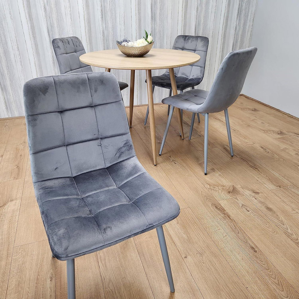 Portland 4 Seater Velvet Round Dining Set Wood Effect and Grey Image 3