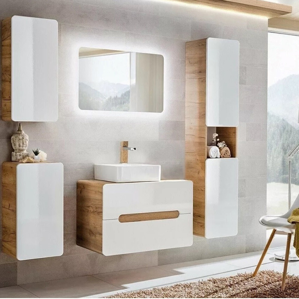 Impact Furniture Aruba White Gloss and Oak Wall Mounted Bathroom Furniture Set Image 7