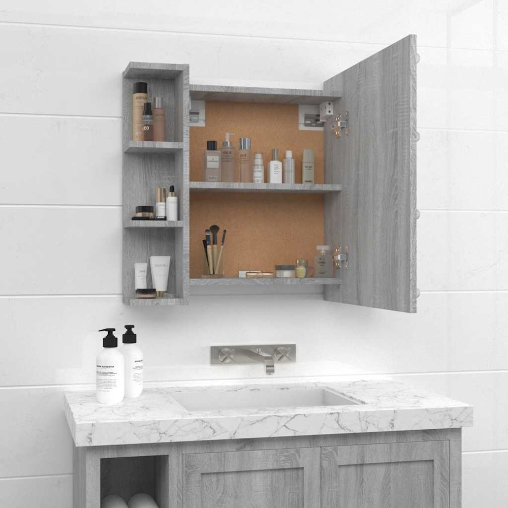 vidaXL Single Door 6 Shelf Grey Sonoma Wall Mounted Mirrored Bathroom Cabinet with LED Image 7