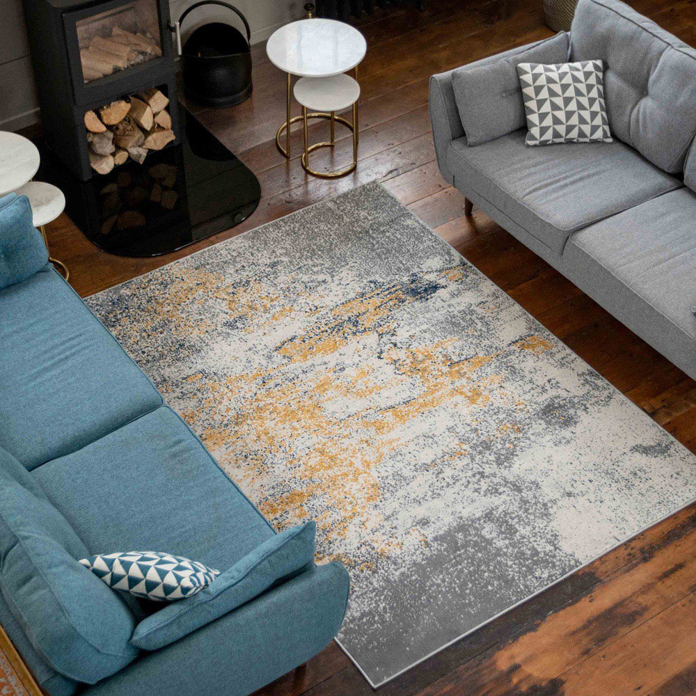 Kukoon Silver Grey and Ochre Distressed Abstract Rug 170 x 120cm Image 2