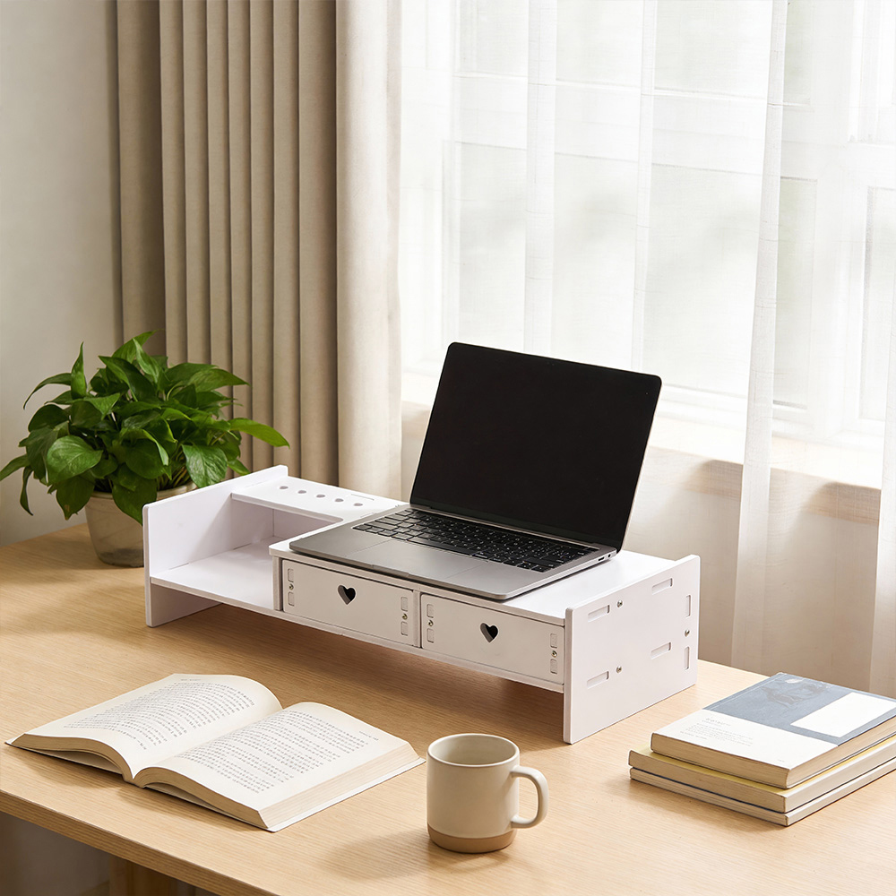 Living and Home 2 Drawer Single Shelf White Monitor Stand Riser with Pen Holder Image 7