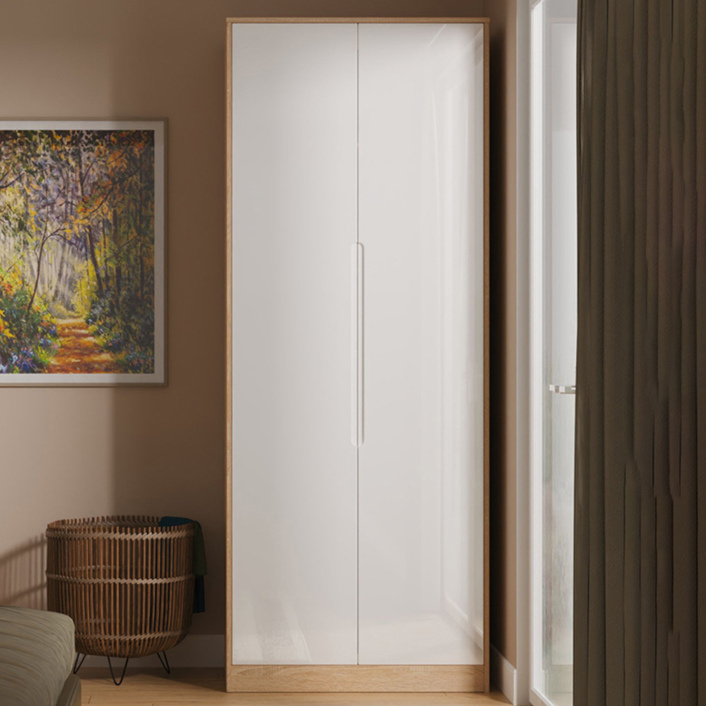 Crowndale Monaco 2 Door White Gloss and Bardolino Oak Tall Wardrobe Ready Assembled Image 1