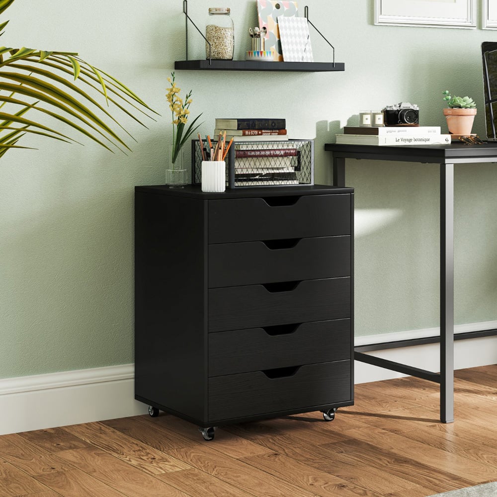 Costway 5 Drawer Black Chest of Drawers with Lockable Wheels Image 4