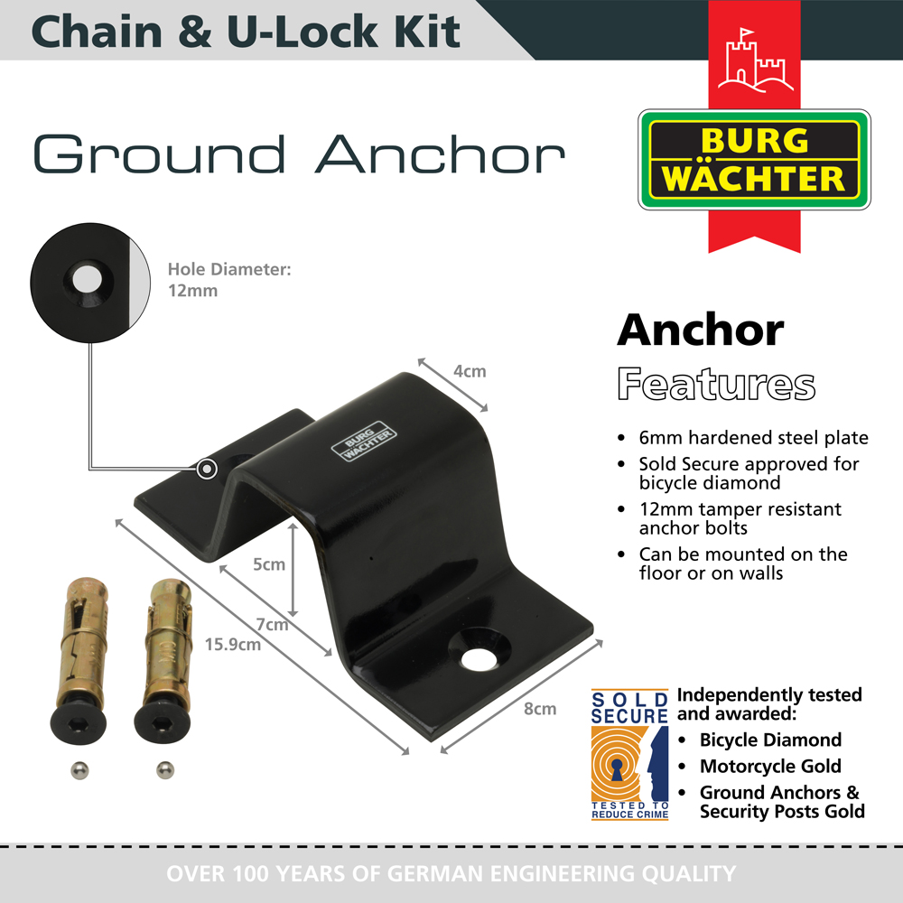 Burg-Wachter 1m Sold Secure Chain, Lock and Ground Anchor Kit Bike Lock Image 6