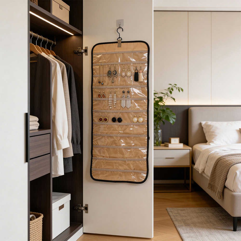 Living and Home Black and Light Brown Double Sided Hanging Jewellery Organiser with 48 Pockets Image 2