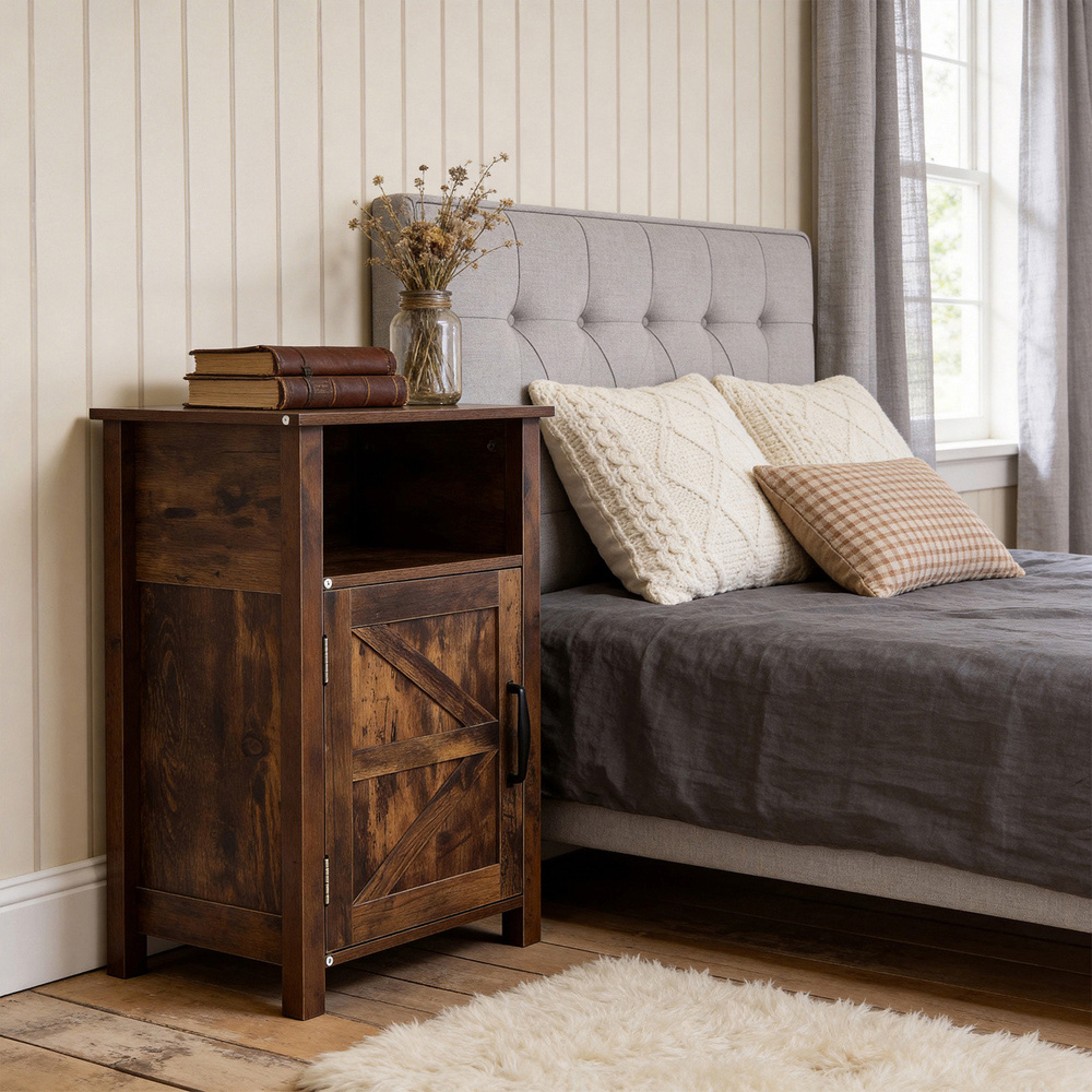 Living and Home Single Door Single Shelf Brown Bedside Table Image 8
