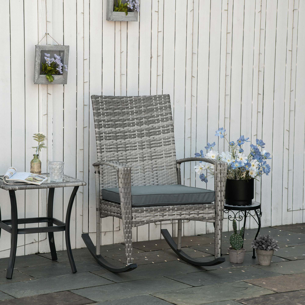 Outsunny Light Grey PE Rattan Rocking Chair with Cushion Image 1