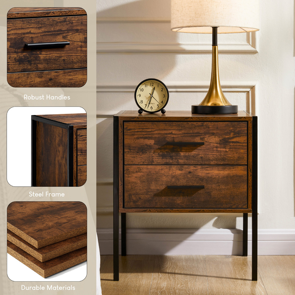 Vida Designs Brooklyn 2 Drawer Dark Wood Industrial Bedside Table Image 5