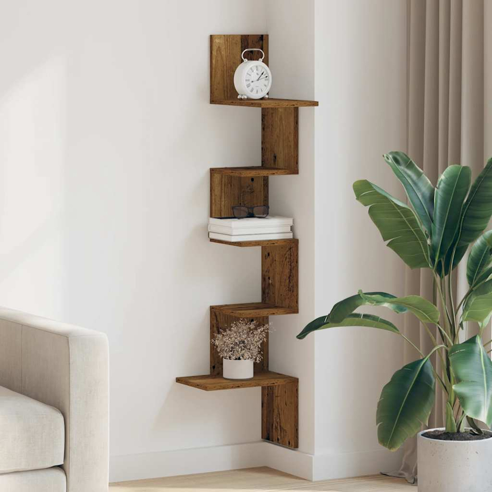 vidaXL 5 Shelf Old Wood Floating Corner Wall Shelf Image 2
