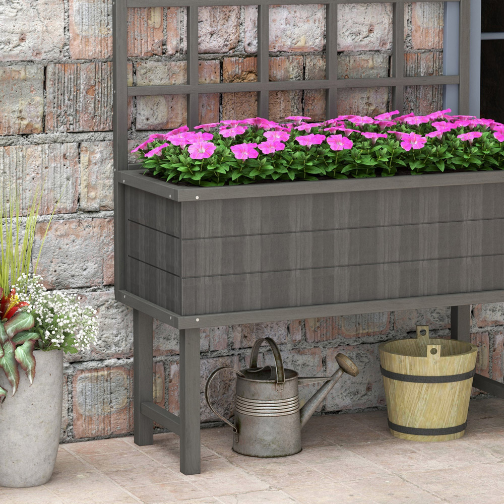 Outsunny Grey Wooden Raised Planter with Trellis Image 3