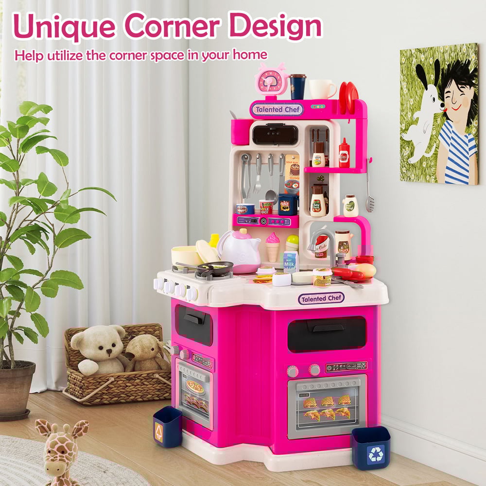 Costway Kids Pink Corner Kitchen Play Set with Realistic Sounds and Lights Image 6