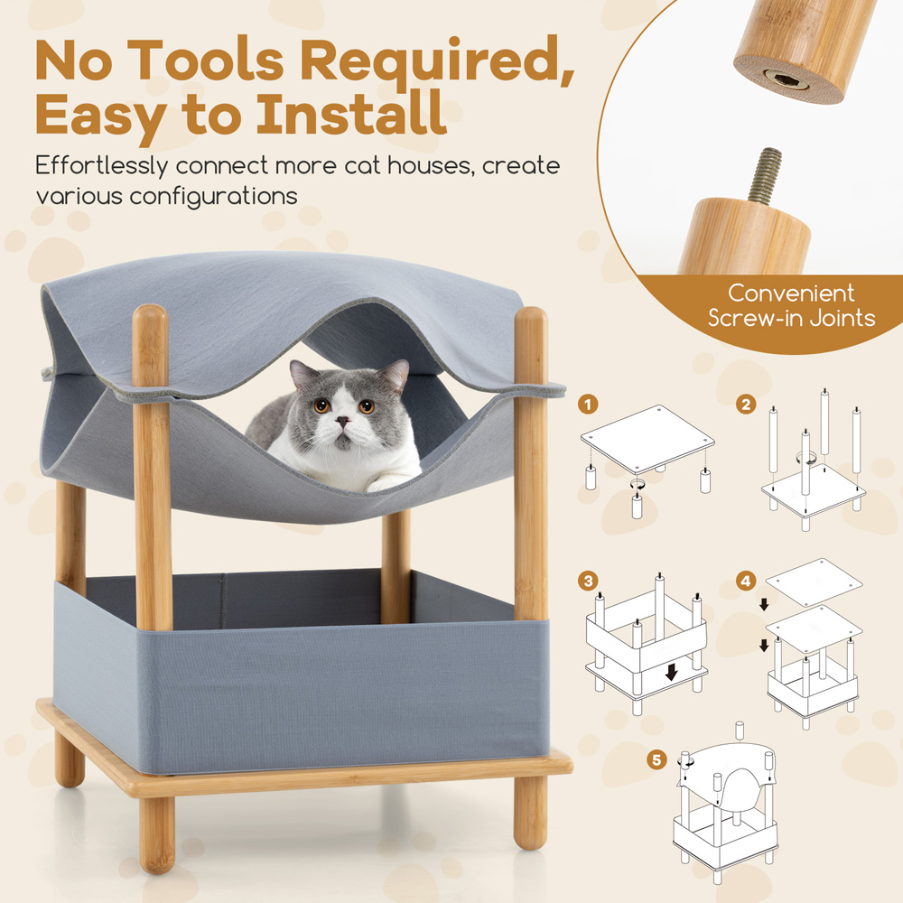 Costway 2 Tier Grey Wooden Cat House Modern Cat Tree Image 5