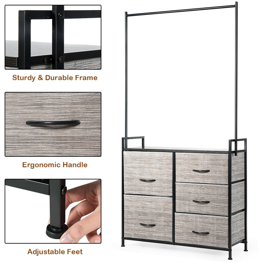 Costway 5 Drawer Storage Unit with Clothes Rack Image 8