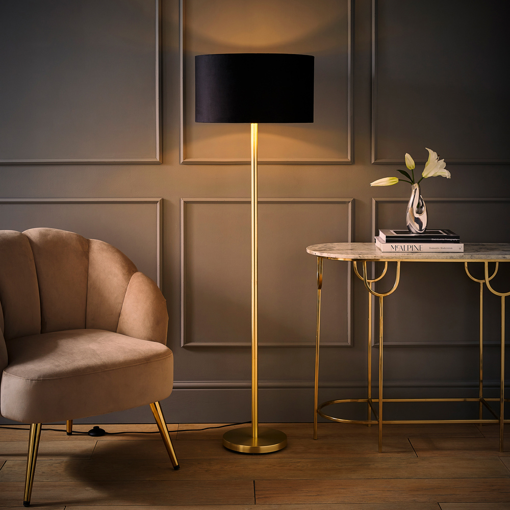 ValueLights Charlie Black Velvet and Metallic Shade Gold Floor Lamp and Bulb Image 7