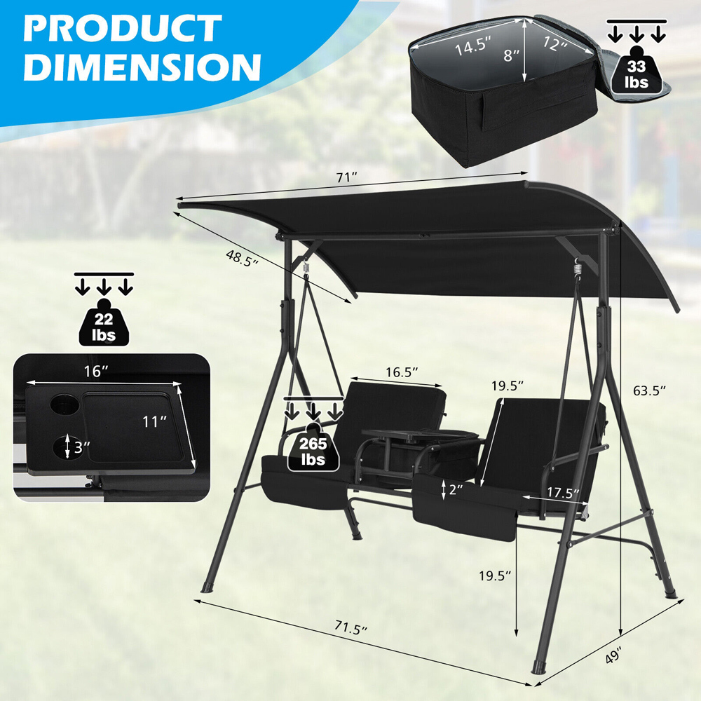 Costway 2 Seater Black Garden Swing Chair with Canopy and Cooler Bag Image 9