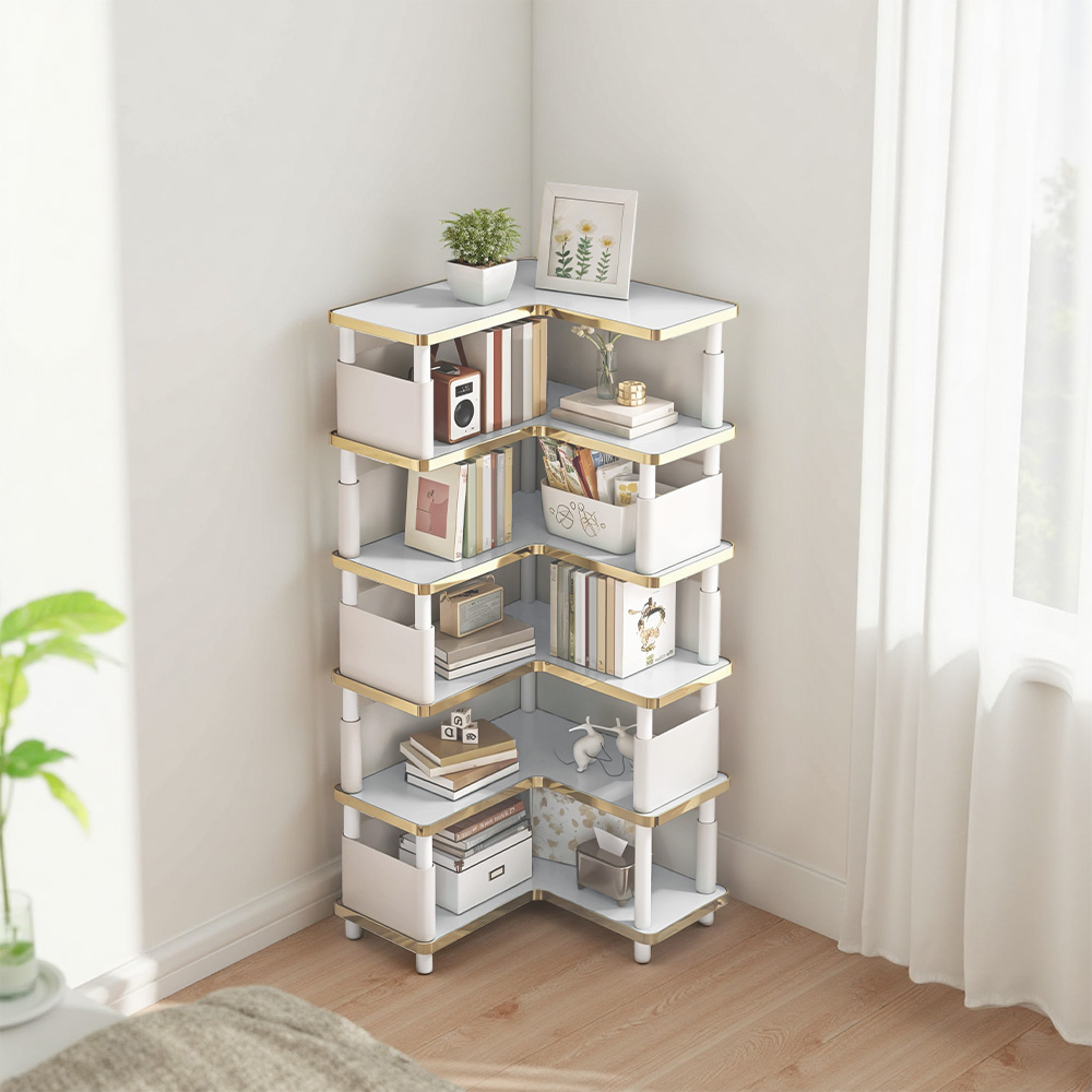 Living and Home 6 Shelf White and Blue L-Shaped Corner Bookcase Image 8