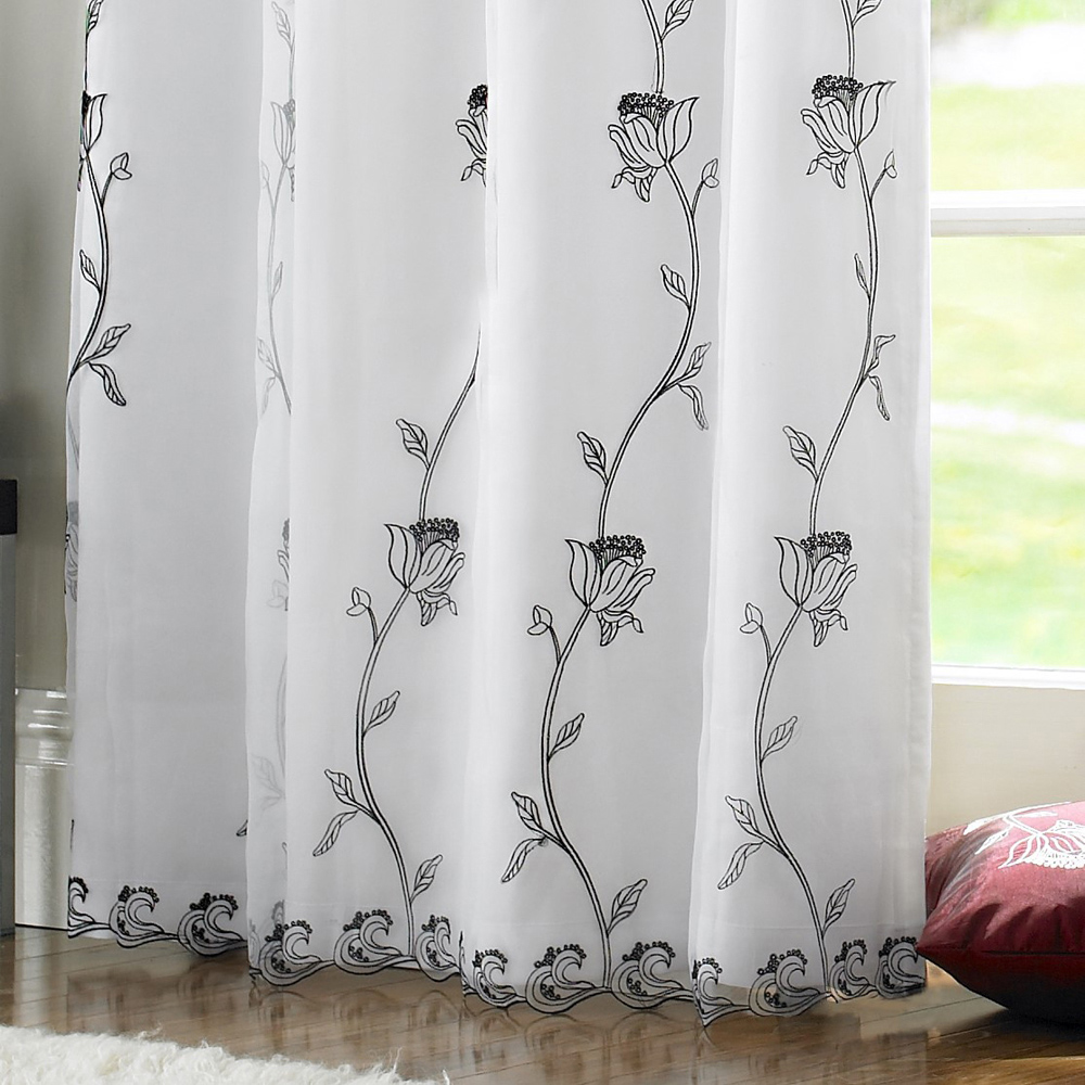 Alan Symonds Tahiti Black and White Floral Lined Ring Top Eyelet Voile Curtains 142 x 137cm Image 3