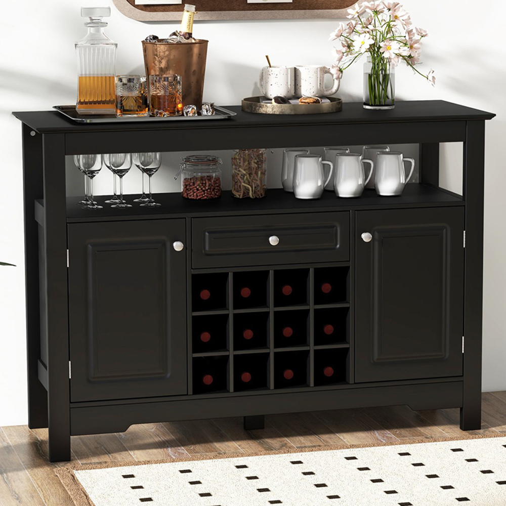 Costway Double Door Single Drawer Single Shelf Black Kitchen Cabinet with Removable Wine Rack Image 1