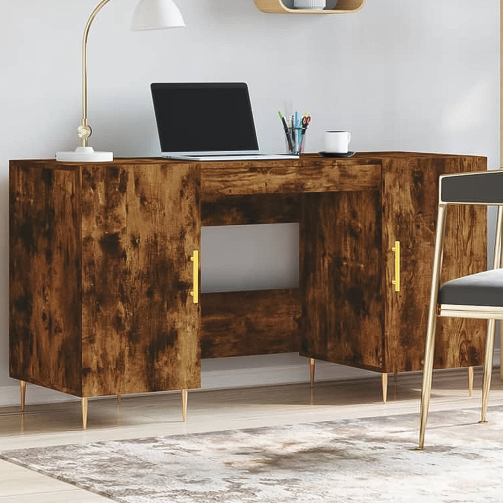 vidaXL 2 Door Computer Desk Smoked Oak and Gold Image 1