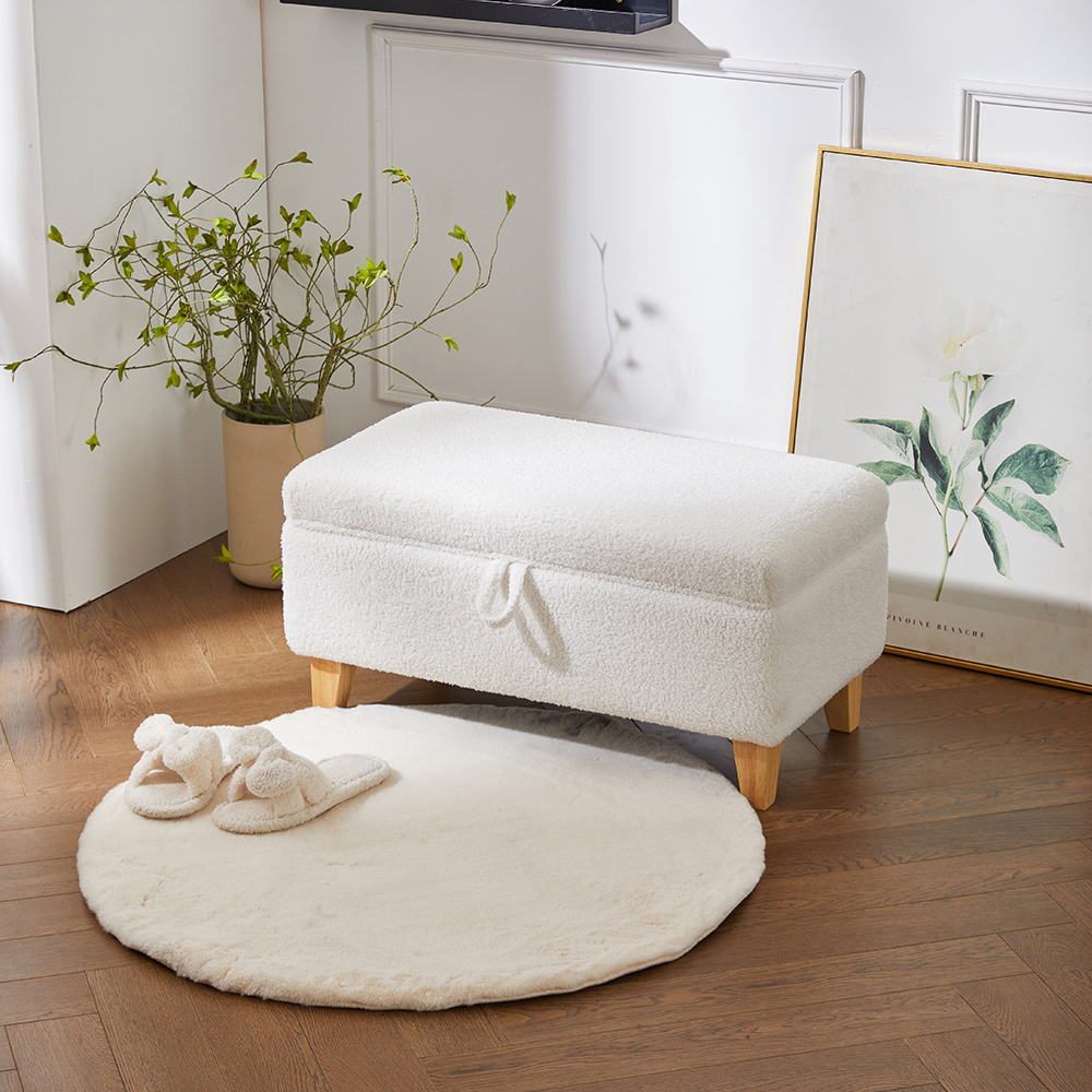 Living and Home White Teddy Fleece Upholstered Storage Ottoman Image 8