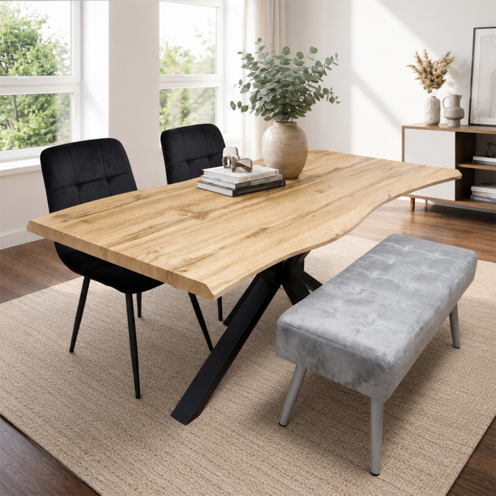 Kosy Koala 4 Seater Wood and Velvet Dining Table Set with Benches Black and Grey Image 1