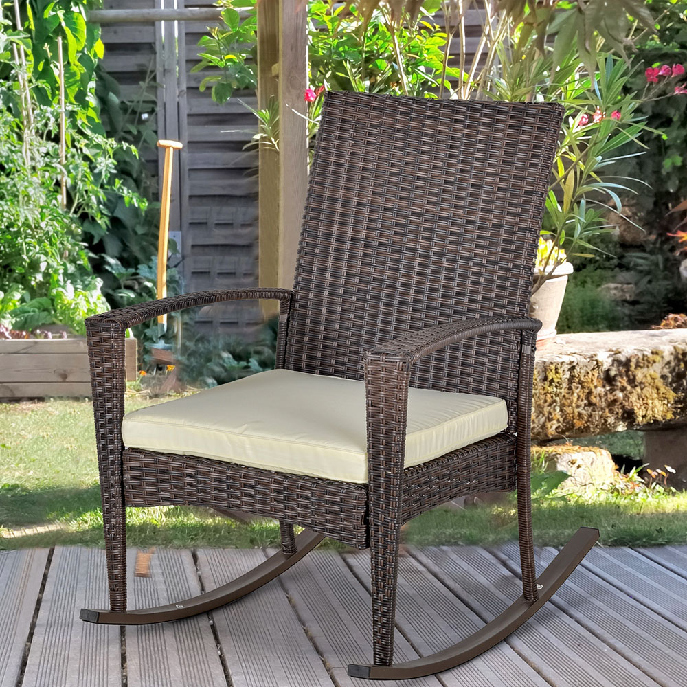 Outsunny Brown PE Rattan Rocking Chair with Cushion Image 1