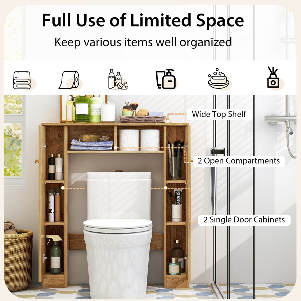 Costway Natural 2 Compartments Over The Toilet Storage Cabinet Image 7