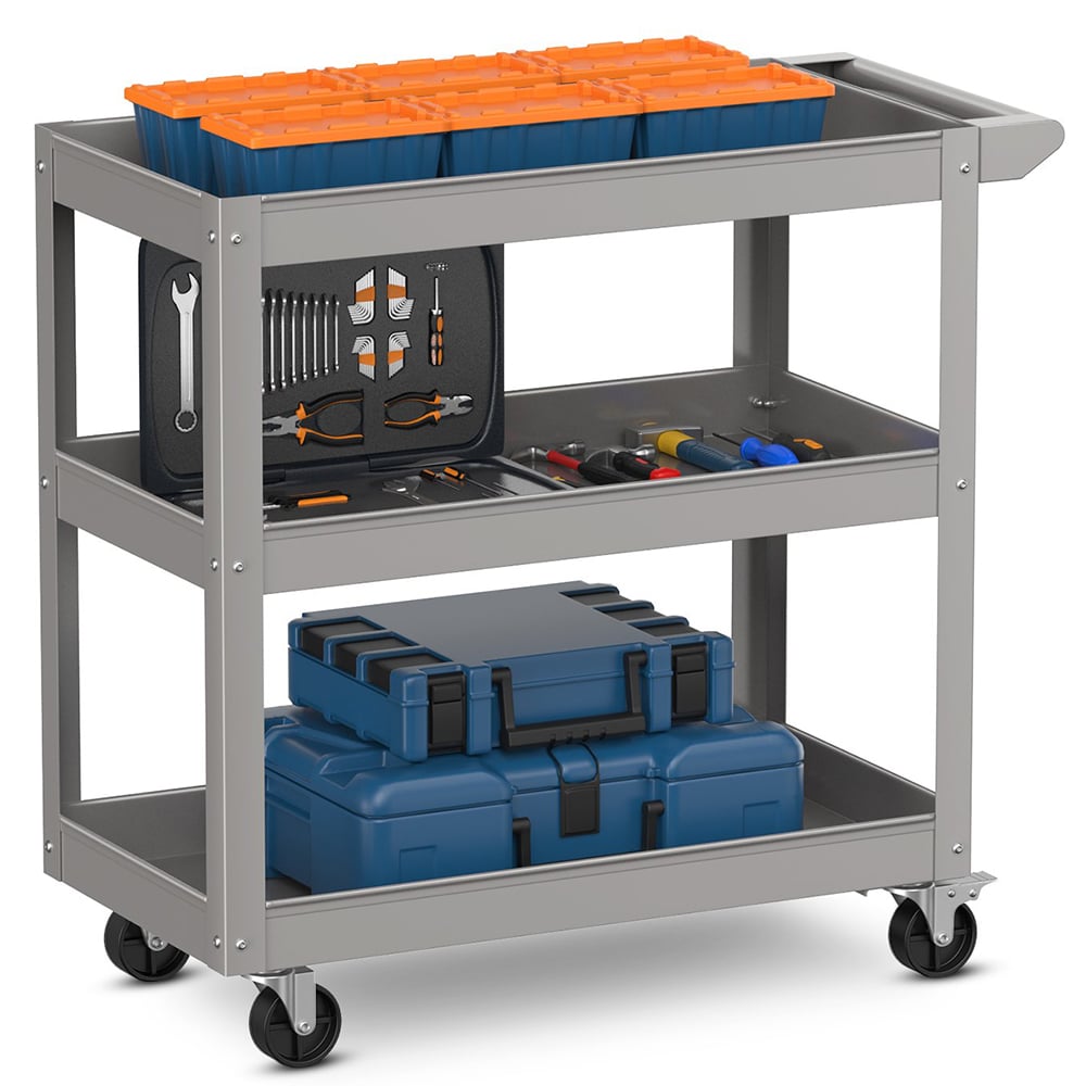 Costway 3 Shelf Grey Tool Trolley with Lockable Wheels Image 3