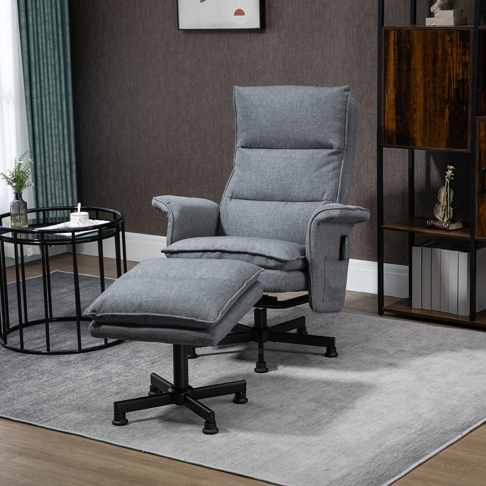 HOMCOM Grey Upholstered Massage Swivel Recliner Armchair with Footstool Image 4