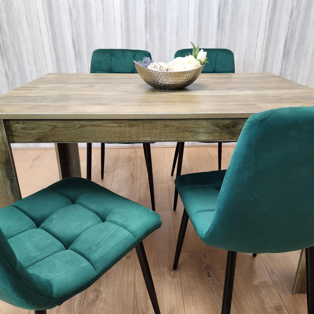 Portland 4 Seater Velvet Dining Set Wood Effect and Green Image 2