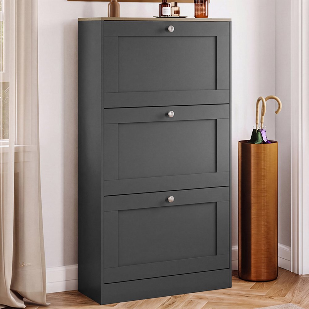 Vida Designs Altino 3 Flip Down Drawer Charcoal Grey and Oak Shoe Cabinet Image 1