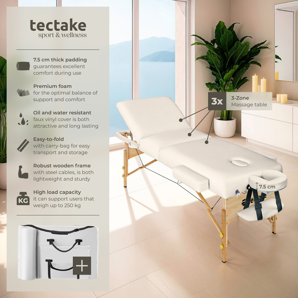 tectake Beige 3 Zone Portable Adjustable Massage Table with Headrest Armrests and Carry Bag Image 6
