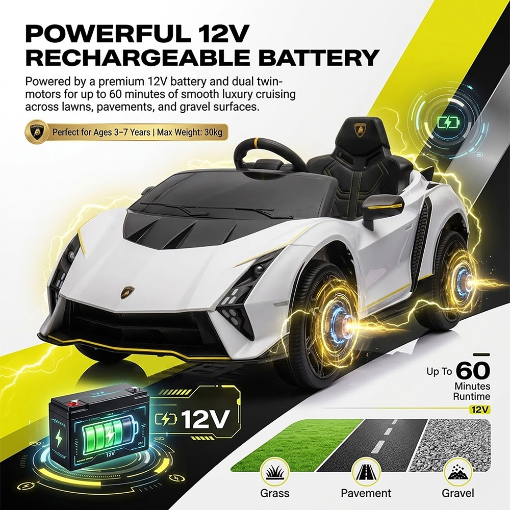 Alivio Kids White Lamborghini Ride-On Car with Remote and LED Lights 12V Image 4